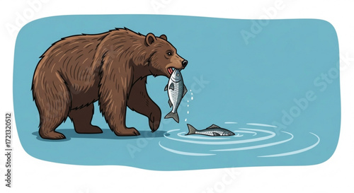 Illustration of brown bear catching fish in river wildlife animal predator fishing nature drawing art vector