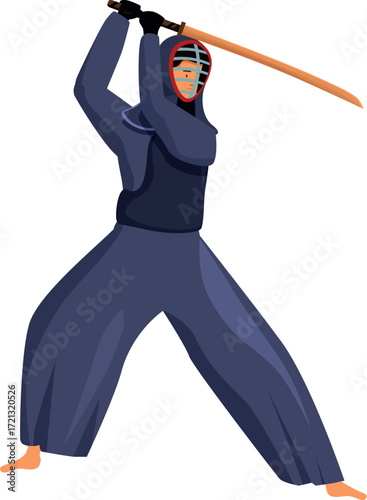 Kendo fighter is performing a kendo stance, holding bamboo sword, wearing protective equipment