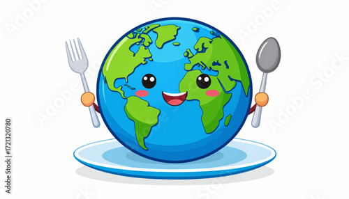 Cartoon Globe on Plate with Utensils Sustainable Eating and Environmental Awareness