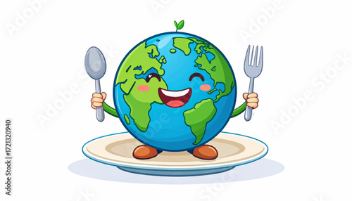Happy cartoon Earth character with spoon and fork on a plate, promoting global environmental sustainability and conscious living for a healthy planet