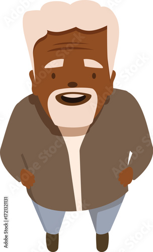 High angle view of a cheerful senior man standing with hands on hips, looking up and smiling