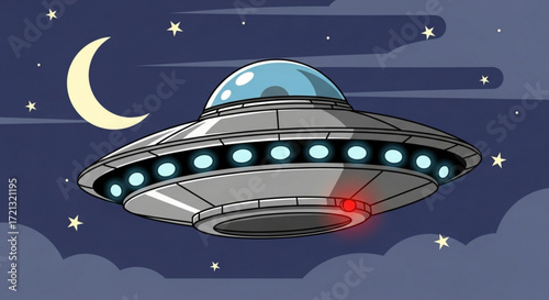 Ufo sighting cartoon illustration of flying saucer in night sky with moon and stars vector artwork drawing