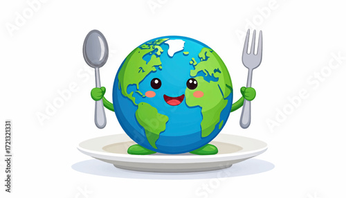Vector graphic of a smiling Earth character on a plate with utensils, representing world hunger, sustainability, and global food day