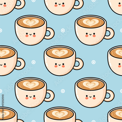 Cute latte coffee cup character seamless pattern