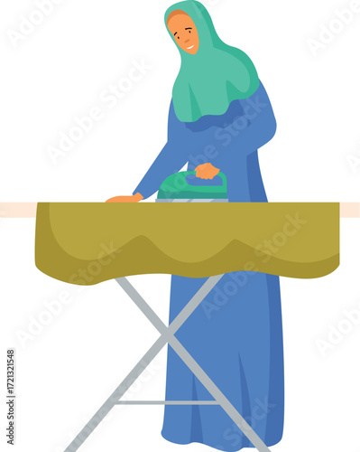 Smiling muslim woman ironing clothes on ironing board, housewife doing domestic chores, housekeeping and household concept