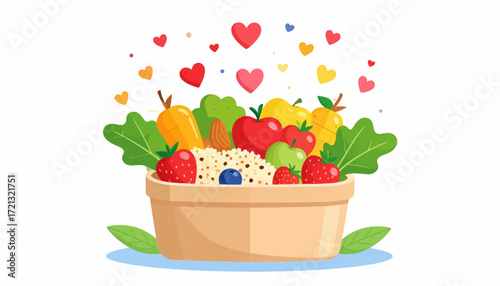 Colorful vector illustration of a healthy food bowl filled with fresh produce, promoting wellness, nutrition, and a balanced diet