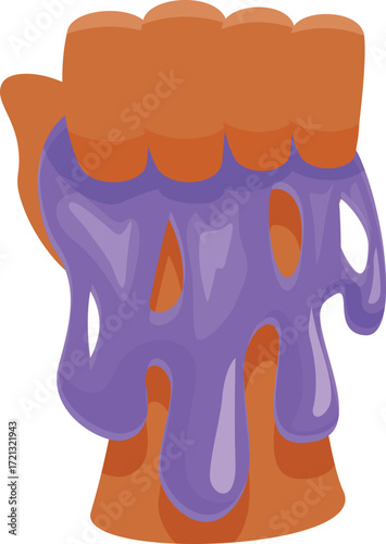 Purple sticky goo is dripping and flowing over a closed hand