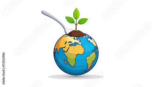 A spoon with a sprout growing from planet Earth, symbolizing sustainable food and environmental care
