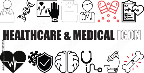 Healthcare and Medical Icons – Hospital, Doctor, Medicine, First Aid Vectors icon collection