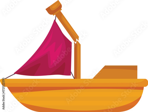 Children's wooden toy sailboat with crimson sail is floating serenely on the water