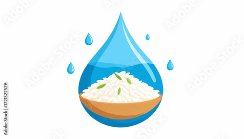 Water drop embracing a bowl of white grains, illustrating the essential role of hydration in sustainable food cultivation and global nourishment