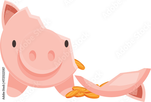 Broken piggy bank with gold coins dropping out, representing spending savings, financial crisis, or unexpected expenses