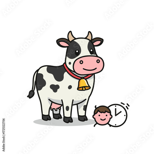 Cartoon cow with bell, child and clock