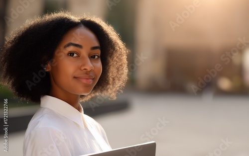 Young professional woman using laptop outside in a contemporary business district environment.