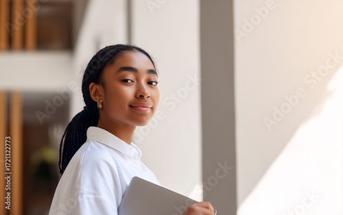 Young professional woman using laptop outside in a contemporary business district environment.