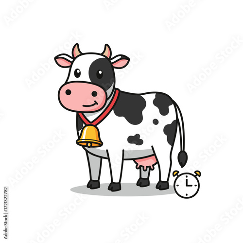 Cartoon cow with bell standing beside clock