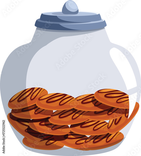 Chocolate chip cookies are stored in a glass cookie jar, maintaining their freshness and deliciousness