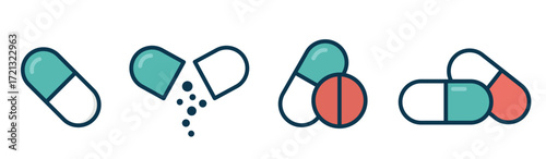 An illustrated set of four different pill and capsule icons. Medication and pharmacy symbols.