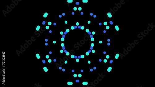 Abstract animation of small blue, green, and turquoise dots forming a symmetrical and rotating pattern.