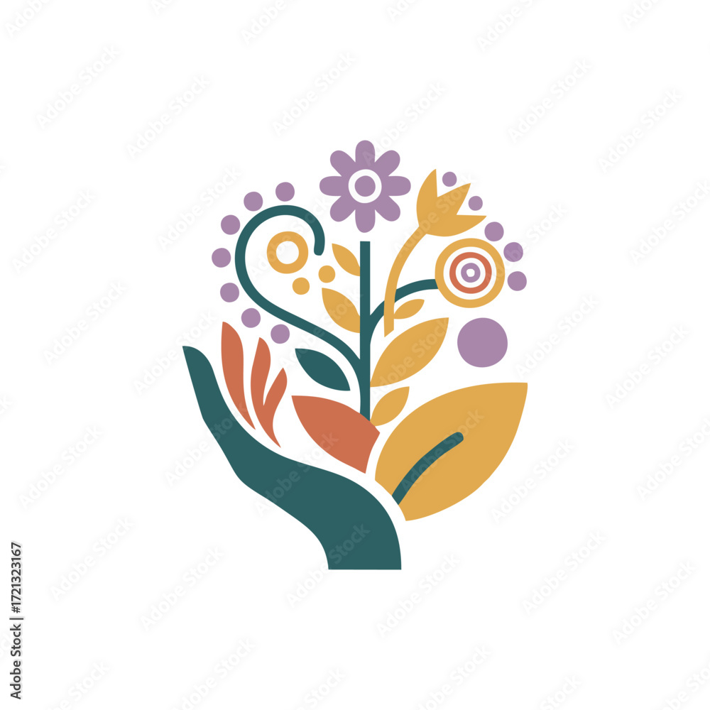 Fototapeta premium Elegant line art fertile hand drawing with palm finger human touch organic soil seed sprout life growth natural environment ecology green vitality healthy wellness healing medical therapy design for p