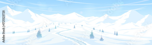Winter mountain landscape. Panoramic view of snowy mountain ranges. Trail leading up. Concept of winter hiking, skiing and snowboarding.