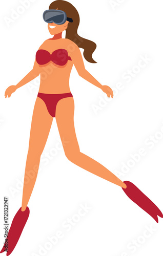Woman wearing red swimsuit and diving goggles swimming underwater, enjoying summer vacation