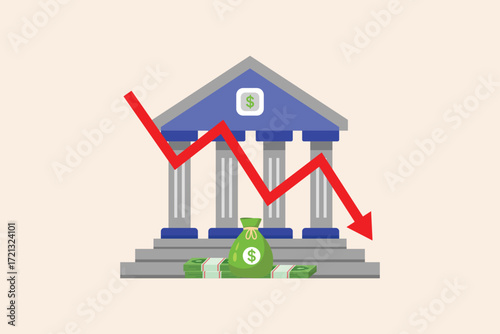 vector flat design cartoon of Money Down Trend bank with financial crisis,Vector flat design isolated