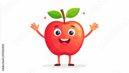 Cute cartoon apple character waving with a friendly expression, vector illustration