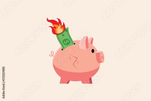 vector flat design cartoon of Money Down Trend burning piggy bank with money loss,Vector flat design isolated