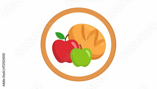 A vibrant circular illustration showcasing two fresh apples, one red and one green, alongside a golden loaf of bread, representing healthy food choices and wholesome nourishment