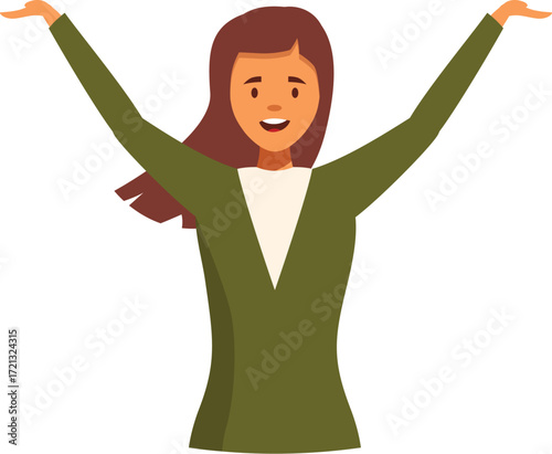 Joyful businesswoman celebrating success, expressing excitement and happiness with raised arms and open hands