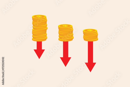 vector flat design cartoon of Money Down Trend gold coins falling with red arrows,Vector flat design isolated