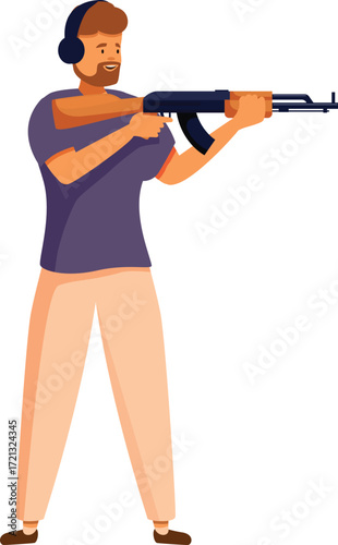 Man practicing shooting sports with automatic rifle wearing ear protection headphones