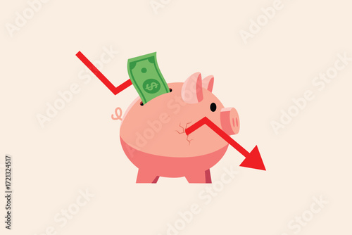 vector flat design cartoon of Money Down Trend piggy bank with crack and falling cash,Vector flat design isolated