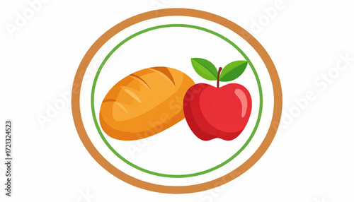 Healthy food choices a loaf of bread and a fresh red apple within a circular emblem, symbolizing nutrition and wholesome eating