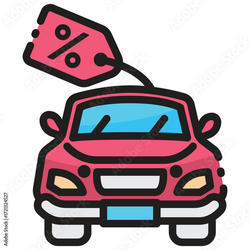 A red car with a discount tag on top