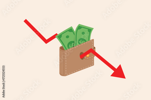 vector flat design cartoon of Money Down Trend wallet with falling cash,Vector flat design isolated