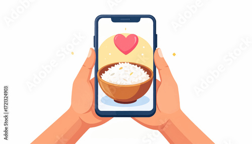 A pair of hands holding a modern smartphone displaying a heartwarming image of a fresh bowl of rice, symbolizing appreciation for simple, healthy meals and digital connection in daily life