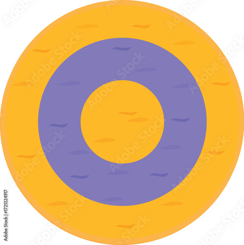 Top view of a round wrestling mat featuring concentric orange and purple circles, indicating the designated wrestling area