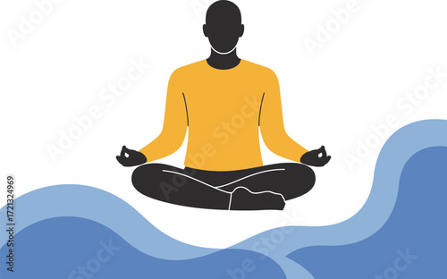 Man meditating yoga pose mindfulness relaxation Vector illustration simple design blue waves 