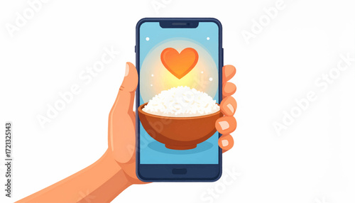 Mobile App Displaying a Bowl of Rice and a Heart Symbolizing Nourishment and Love