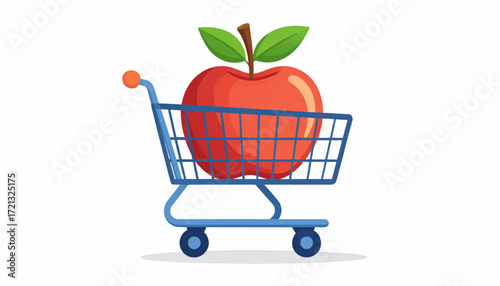 Vibrant red apple, with crisp green leaves, resting in a miniature blue shopping cart, symbolizing healthy fresh produce, smart grocery shopping, and nutritious food choices