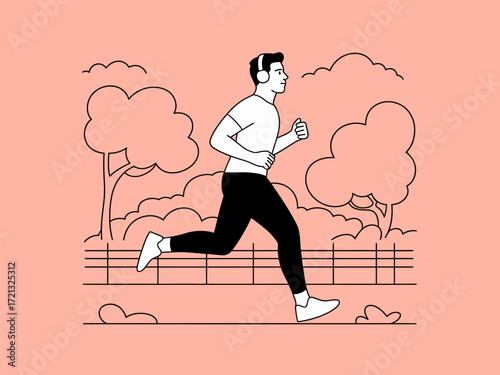 Man jogging in park headphones active lifestyle minimalist line art illustration