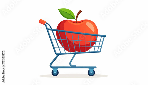 Healthy Shopping An Apple in a Blue Shopping Cart Illustration
