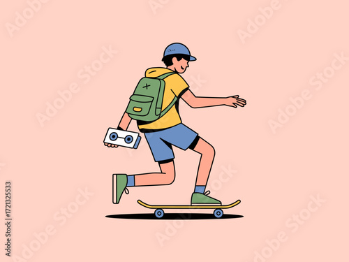 Skateboarder boy with backpack and cassette player Vector illustration Minimalist line art design 