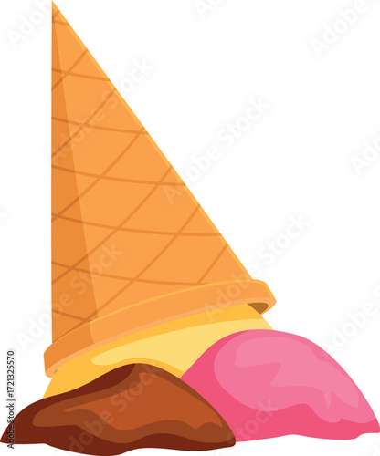 Waffle cone with scoops of chocolate and strawberry ice cream fallen and melting, representing summer treats and clumsiness