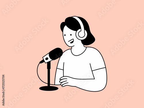 Woman podcast host speaking into microphone vector illustration line art simple design pink background