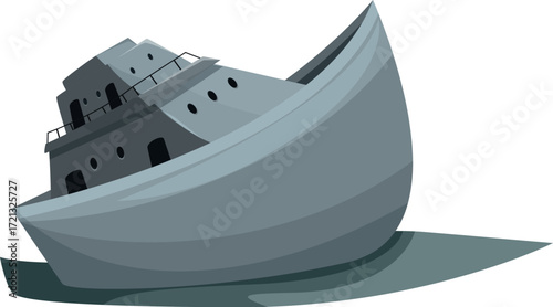 Gray shipwreck sinking in the ocean, illustrating a maritime disaster, creating a dramatic scene of loss and peril at sea