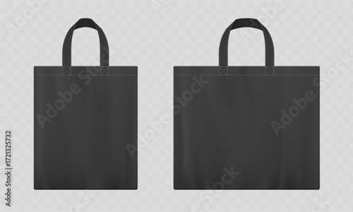 Reusable black tote shopping bag or shopper. Mockup isolated on transparent background. Vector collection template
