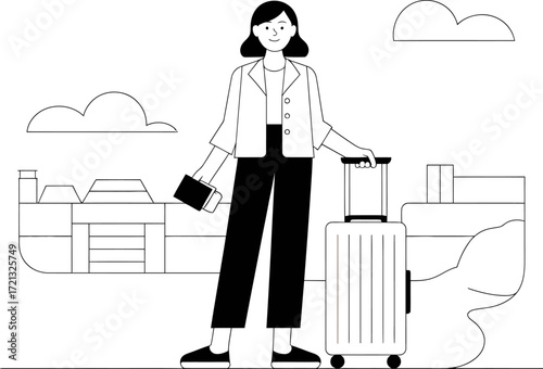 Woman traveler with suitcase and passport Minimalist line art illustration Travel concept Vector graphic